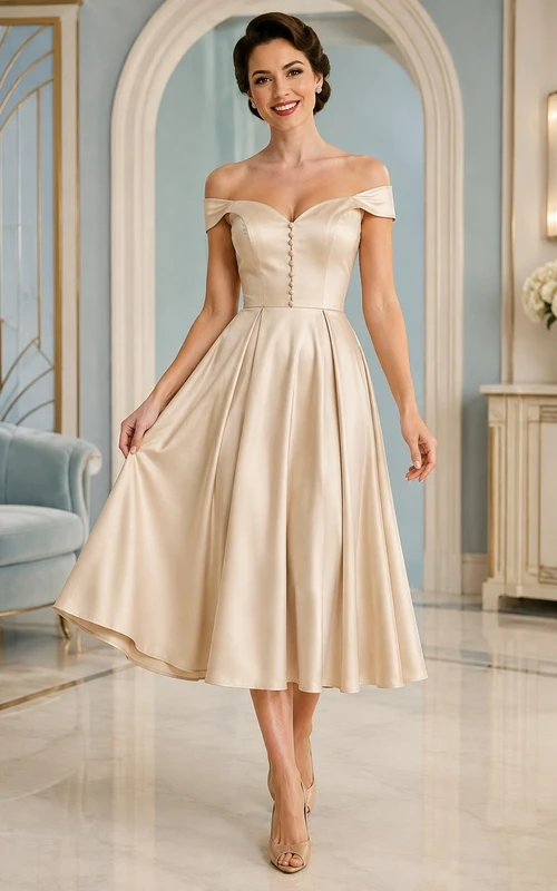 Vintage Champagne Off-Shoulder Sweetheart Satin A-Line Tea-Length Elegant Reception Cocktail Dress