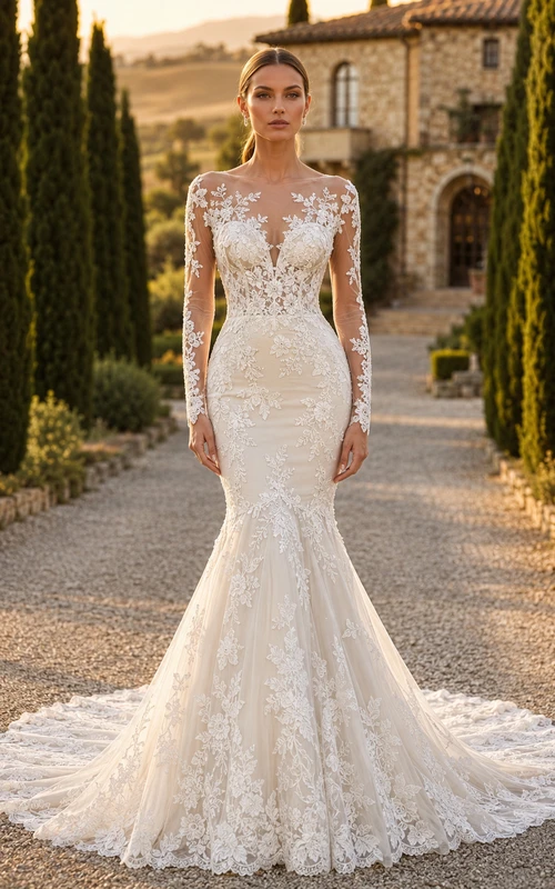 Robe de mariée sirène à manches longues en dentelle illusion bateau, style modeste, avec traîne chapelle.