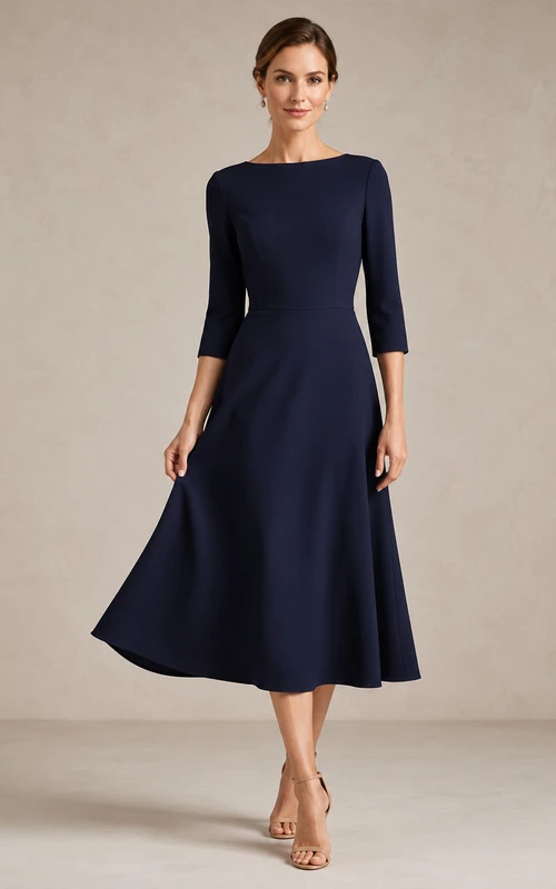 Vestido de recepción para madre de familia, minimalista, de largo midi, con escote barco y mangas tres cuartos, color azul marino oscuro.