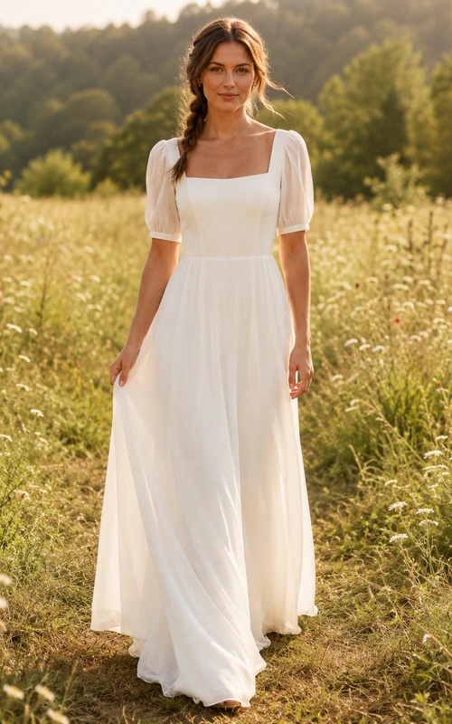 Robe de mariée bohème simple à col carré, manches courtes bouffantes, en mousseline, coupe trapèze, longueur cheville