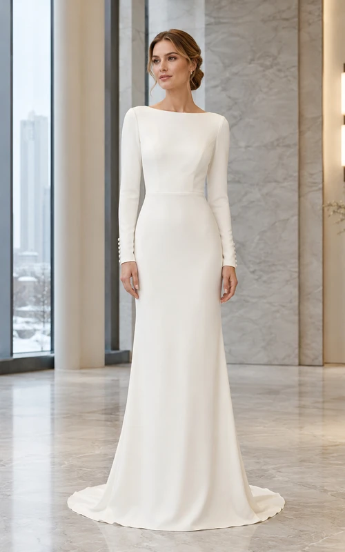 Winter Minimalist Bateau Long Sleeve Crepe Sheath Wedding Dress