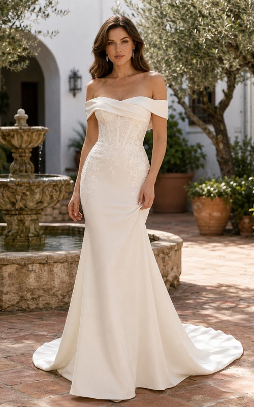 Modern Off Shoulder Draped Satin Mermaid Chapel Train Hacienda Wedding Dress