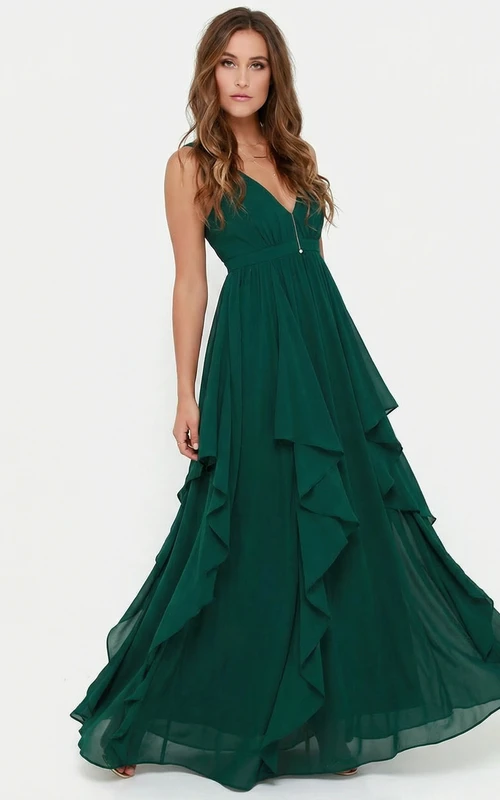 Vestido largo de gasa sin mangas color verde oscuro