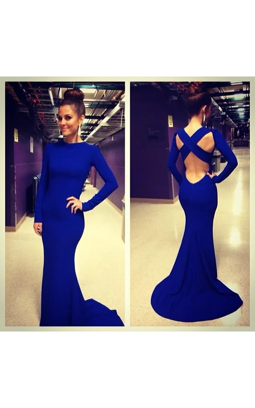 Robe de soirée sirène sexy bleu roi à col montant et dos nu croisé, manches longues