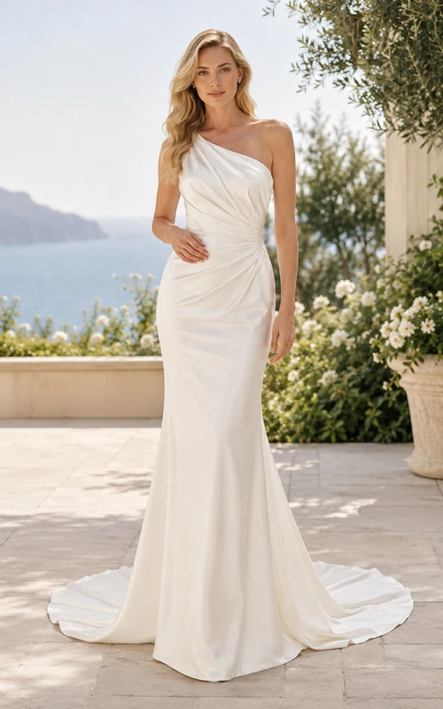 Robe de mariée sirène en satin, asymétrique, sans manches, à traîne.