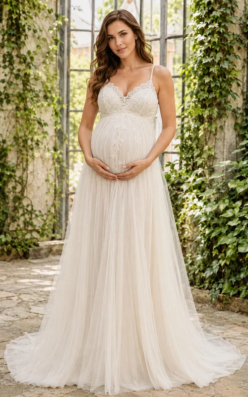 Umstandsbrautkleid mit Spaghettiträgern, herzförmigem Ausschnitt, A-Linie, Tüll, Gartenkleid mit Schleppe