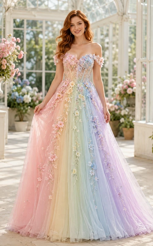 Pastel Rainbow Off-Shoulder Floral Tulle Ball Gown Floor-Length Prom Dress