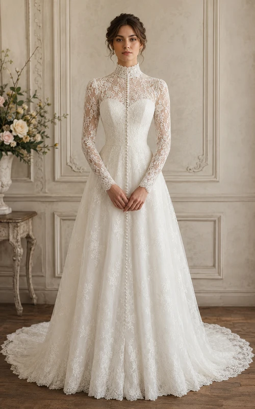 White High Neck Lace A-Line Chapel Vintage Wedding Dress