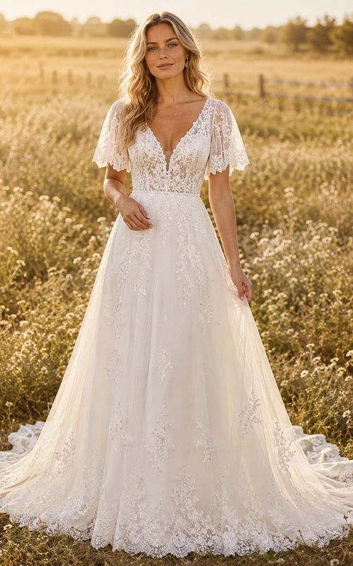 Robe de mariée champêtre en tulle, coupe trapèze, col en V, manches papillon, traîne chapelle, dos nu plongeant.