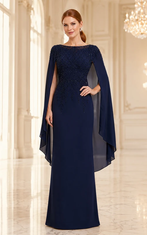 Dark Navy Bateau Cape Sleeve Formal Dress