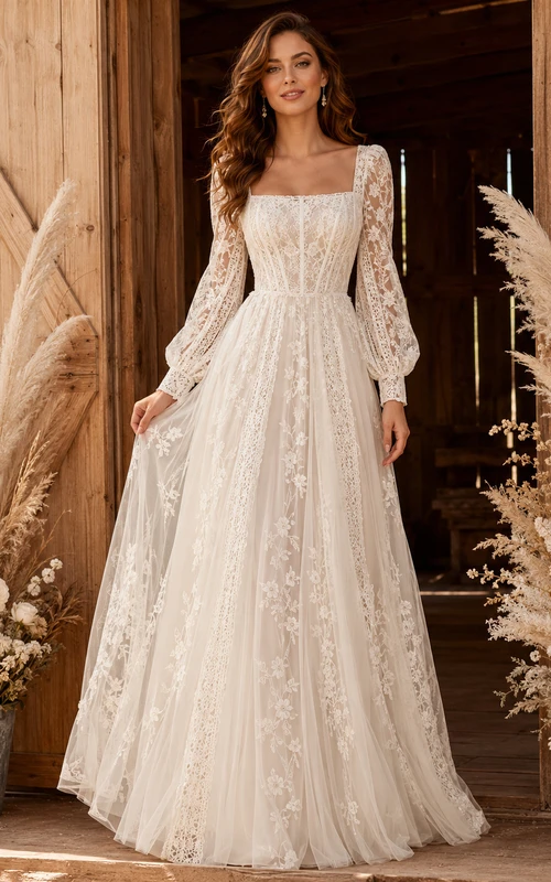Rustic Square Neck Long Illusion Lace Sleeve A Line Sweep Wedding Gown