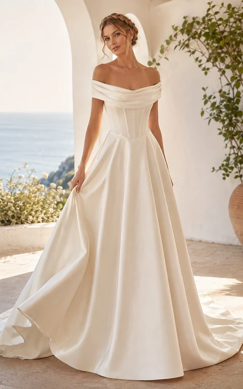 Vestido de novia romántico con escote Bardot, corte A, drapeado y cola larga