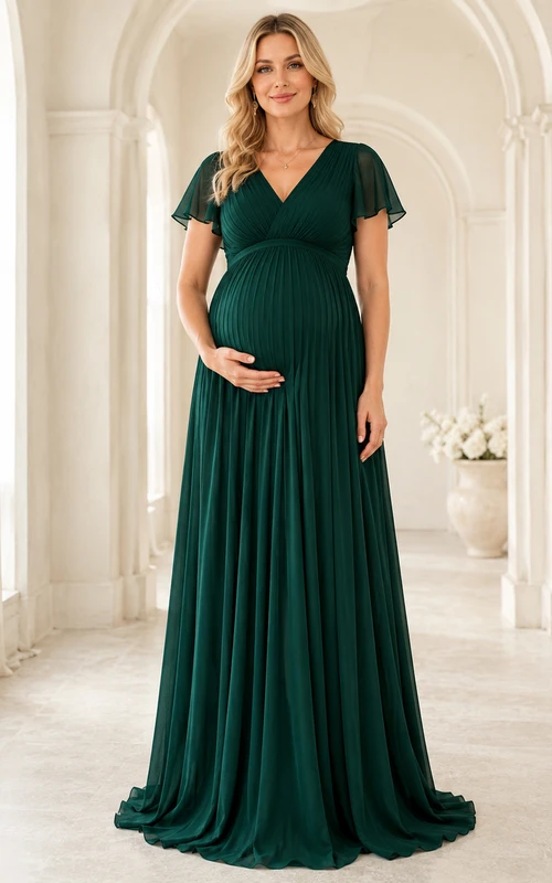 Elegantes, dunkelgrünes Umstandskleid im Empire-Stil mit V-Ausschnitt und kurzen Ärmeln aus Chiffon, smaragdgrün, bodenlang.