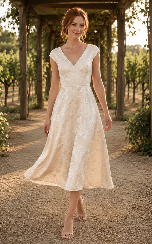 Robe de mariée vintage en dentelle et tulle, coupe trapèze, col rond, manches courtes, longueur thé.