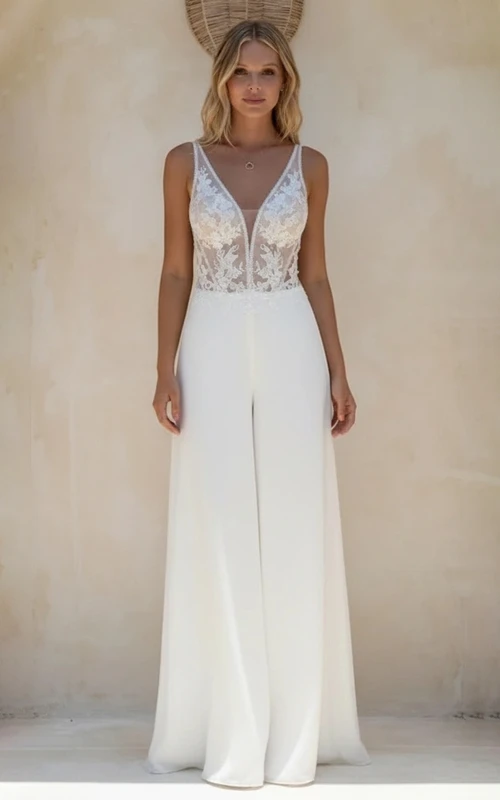 Ärmelloser Jumpsuit mit tiefem V-Ausschnitt und transparentem Spitzenkorsett-Oberteil