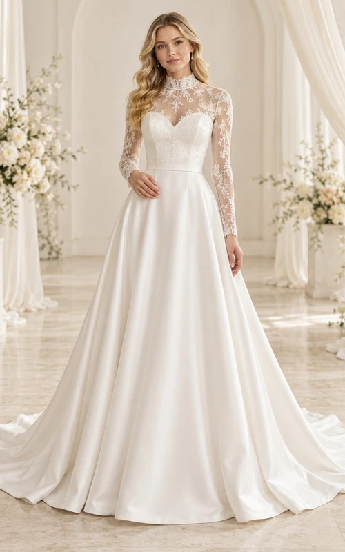 Modest High Neck Long Sleeve Lace Satin A-Line Wedding Dress