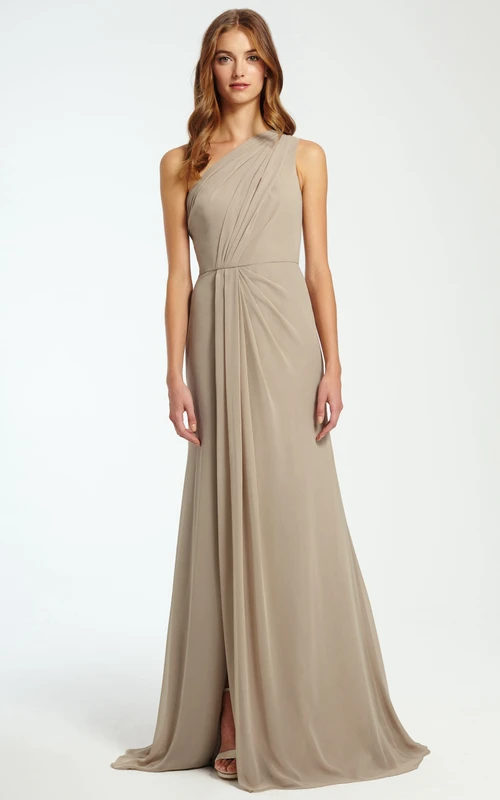 A-Linien-Brautjungfernkleid aus Chiffon, bodenlang, mit einer Schulter, Schlitz vorne und Raffungen