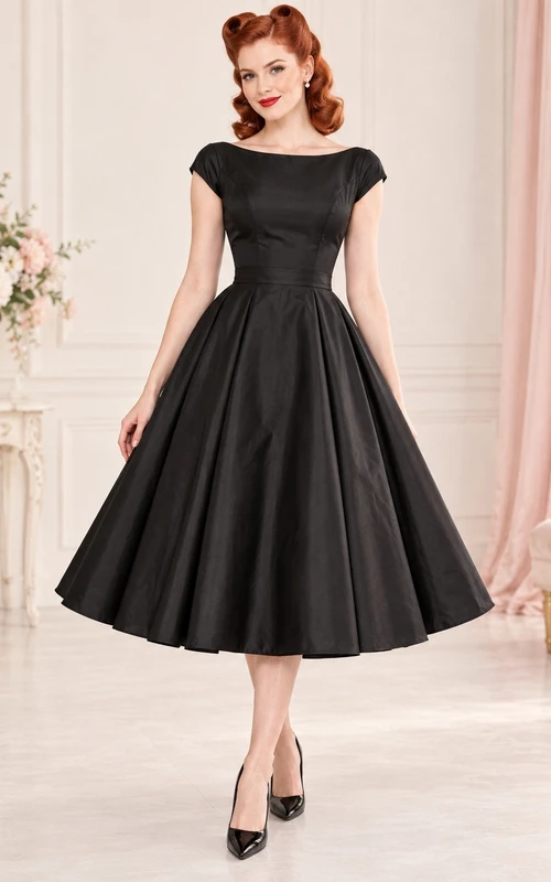 Vestido negro de corte botín, estilo modesto, con mangas cortas y falda acampanada, de los años 50.