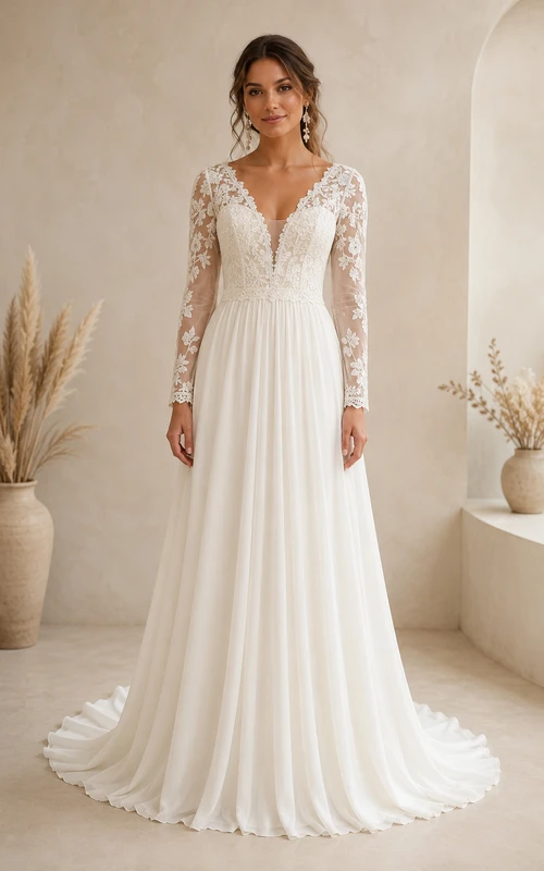 Vestido de novia sencillo de corte A, manga larga, escote en V, encaje, gasa, largo hasta el suelo, cola capilla, color marfil.