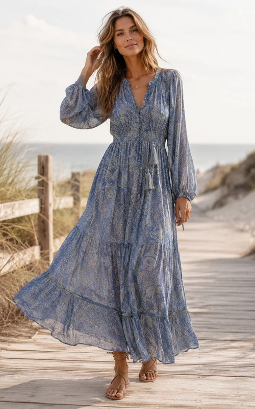 Steel Blue Printed V-Neck Poet Sleeve Bohemian Maxi Dress Beach