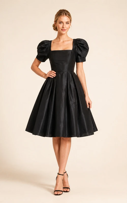 Robe de soirée trapèze en taffetas noir à col carré et manches bouffantes