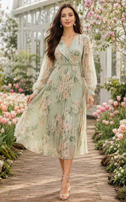 Robe midi portefeuille à manches longues et imprimé floral sauge pour occasions printanières