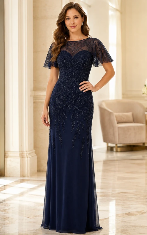 Elegantes, bodenlanges Meerjungfrauenkleid aus Illusionsspitze in Dunkelblau mit V-Ausschnitt und kurzen Ärmeln – luxuriös und elegant für formelle Anlässe.