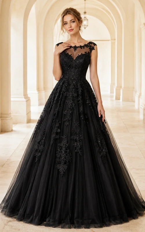 Black Jewel Neck Long Sleeve Lace Tulle Tiered Ball Gown Dress