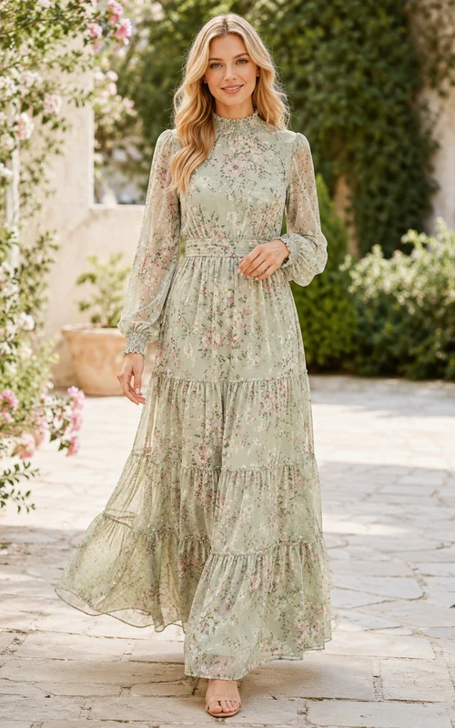 Robe maxi modeste à col montant et manches longues à volants, couleur sauge à fleurs