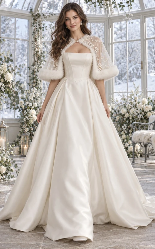 Square Neck Satin Wedding Fur Trim Cape Ball Gown