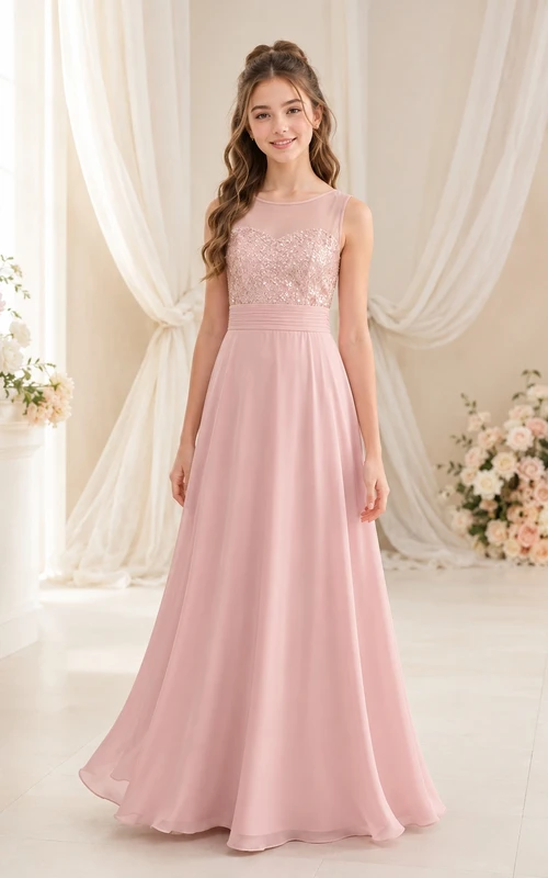Elegantes, rosafarbenes Brautjungfernkleid im A-Linien-Stil mit Strassbesatz, ärmellos, mit Spitze und Pailletten.