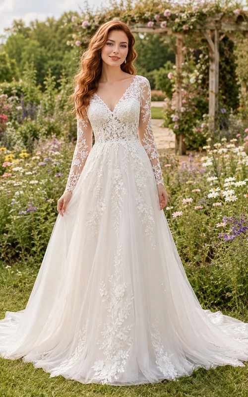 Vestido de novia de encaje, corte A, escote corazón, manga larga, cola larga, espalda baja en V.