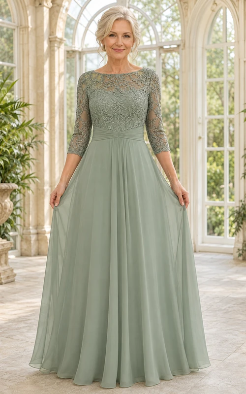 Salbeigrünes A-Linien-Kleid für Mütter mit Dreiviertelärmeln und Oberteil aus Spitze