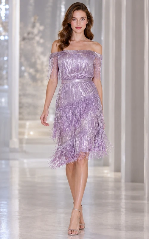 Robe de cocktail fourreau à franges, épaules dénudées, manches courtes et sequins lavande, longueur genou