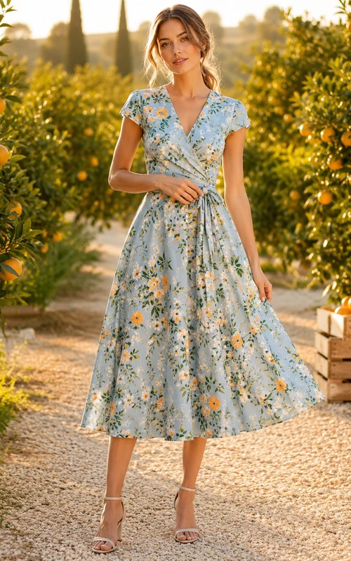 Blue Orange Blossom Print V-Neck Garden Tea Dress