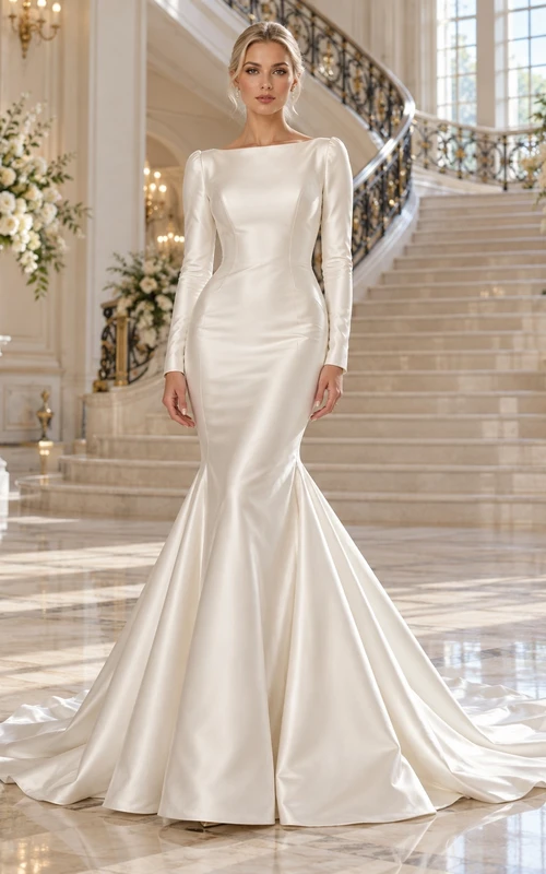 Simple Mermaid Long Sleeve Bateau Satin Court Train Wedding Dress
