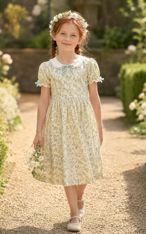 Robe de demoiselle d'honneur trapèze en coton imprimé de jonquilles, manches courtes et jupe arrivant au genou