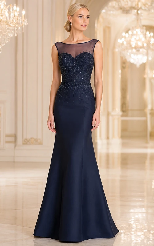 Dunkelblaues Illusion-Bateau-Satin-Trompetenkleid