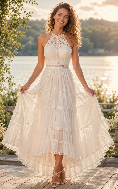 Summer Halter High Neck Crochet Lace Tiered High Low Boho Wedding Dress