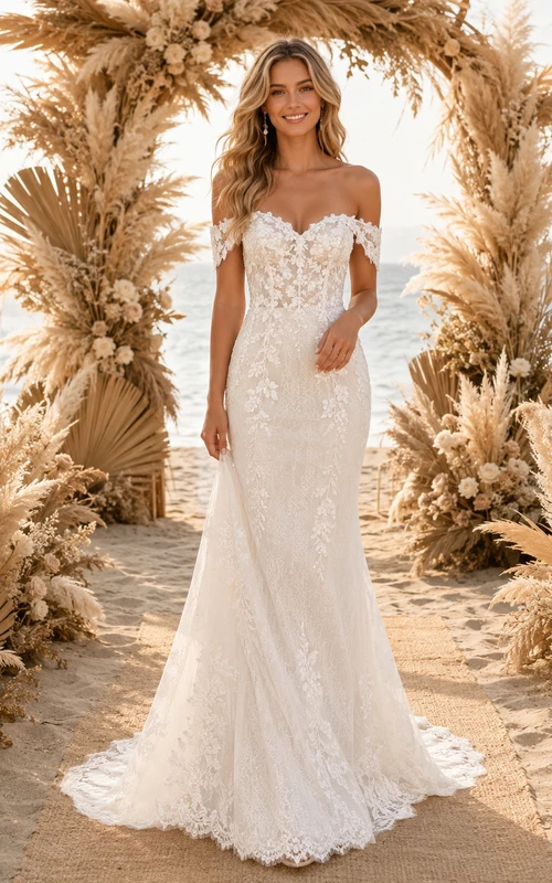 Off Shoulder Pampas Boho Mermaid Lace Ceremony Wedding Dress