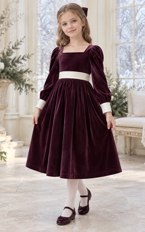 Pflaumenfarbenes Samtkleid mit eckigem Ausschnitt, elfenbeinfarbener Schärpe und langen Ärmeln für Blumenmädchen