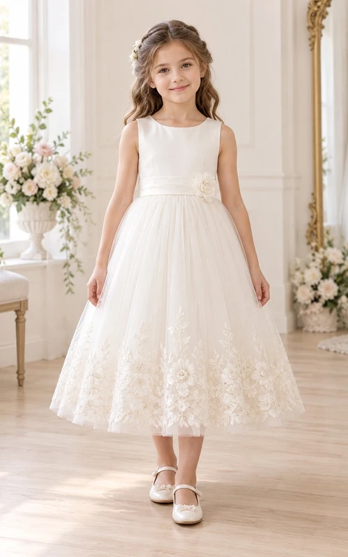 Teelanges, elfenbeinfarbenes A-Linien-Kleid mit floraler Spitze und Tüllborte, ärmellos, mit Bordüre für Blumenmädchen