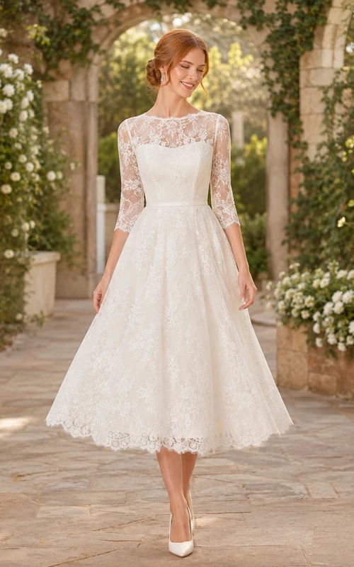 Vintage White Tea-Length High Neck Three-Quarter Sleeve Lace A-Line Rehearsal Dinner Dress