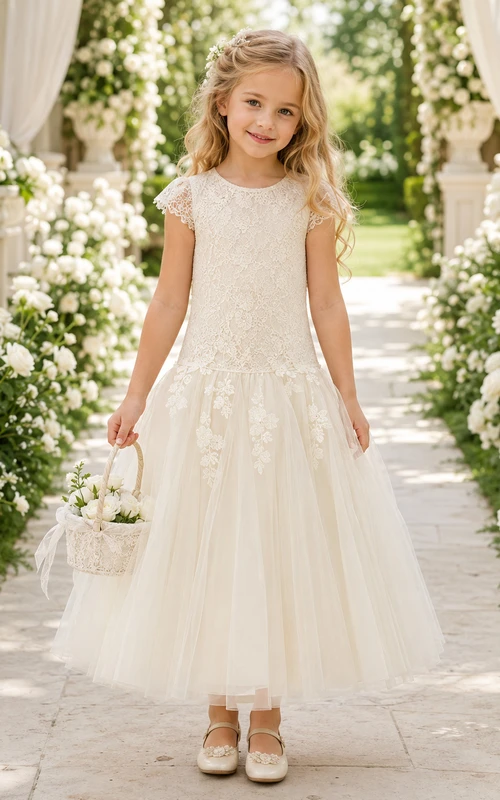 Vestido de niña de flores color marfil con cintura baja, corte en A, encaje y tul, sin mangas, cuello joya, largo midi, ideal para ceremonias en el jardín.