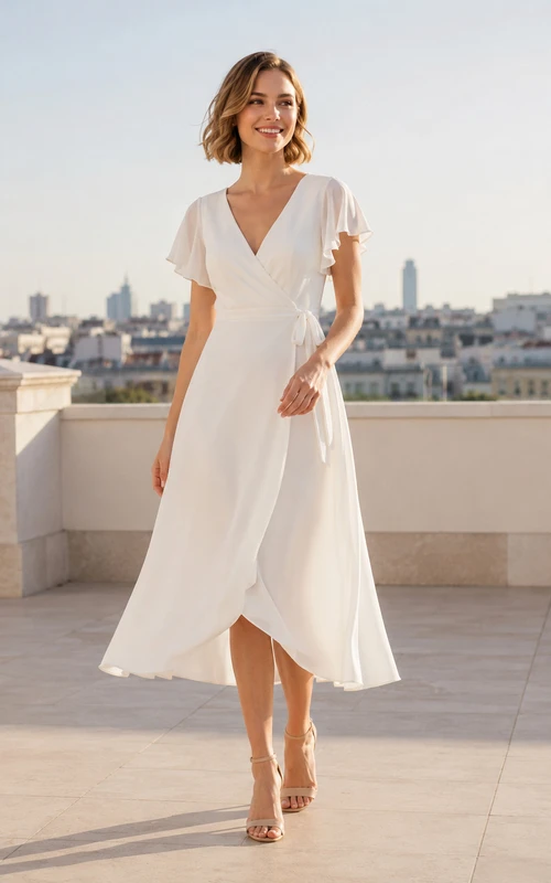 Robe de mariée civile romantique en mousseline drapée, coupe trapèze, manches papillon et col en V, longueur thé