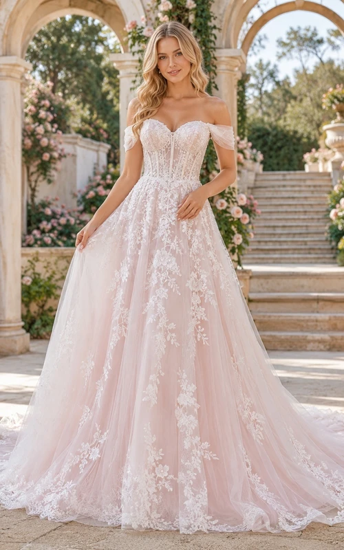 Romantisches Brautkleid in zartem Rosa: trägerloses Korsett aus Spitze, A-Linie, Schleppe und Korsett