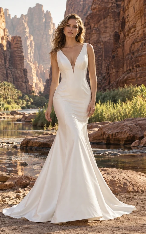 Vestido de novia sencillo de satén con escote en V, tirantes anchos y corte sirena, que se ajusta a la cadera.