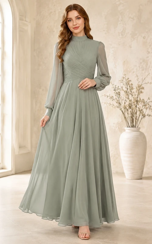Salbeigrünes, elegantes Abendkleid aus Chiffon mit hohem Kragen, langen Ärmeln und A-Linien-Schnitt