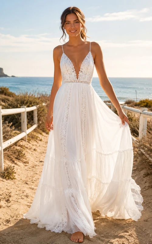 Boho Spaghetti Deep V Lace Tiered Chiffon A Line Sweep Beach Wedding Dress