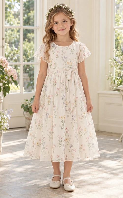 Modest Tea-length Ivory Floral Flutter Sleeve Jewel Neck Chiffon Flower Girl Dress